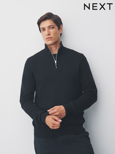 Black Plain Regular Fit Premium Quarter Zip Jumper (F08571) | €44
