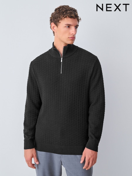 Black Regular Fit Textured Premium Quarter Zip Jumper (F08582) | €52