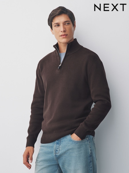 Brown Plain Regular Fit Premium Quarter Zip Jumper (F08585) | €42