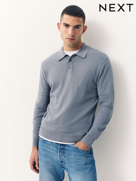 Slate Blue Slim Fit Cotton Rich Long Sleeve Knitted Polo Shirt (F08594) | 148 QAR