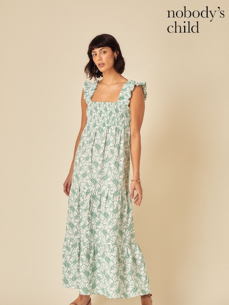 Nobodys Child Green Maya Floral Tier Embroidered  Maxi Dress (F08611) | €140