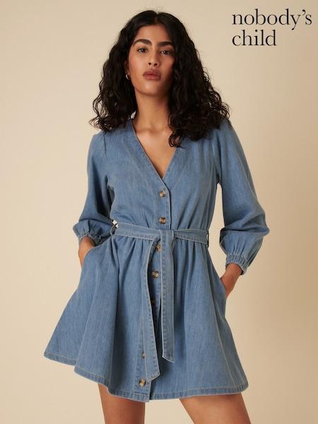 Nobodys Child Blue Denim Nolan Tie Belt Mini Dress (F08614) | €122