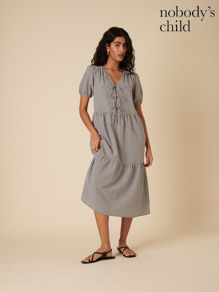 Nobodys Child Black Bernadetta Micro Mono Gingham Midi Dress (F08623) | R$ 740