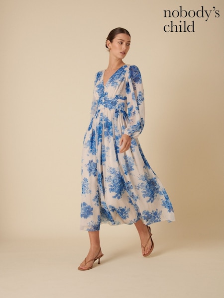 Nobodys Child White And Blue Watercolour Floral Anya Midi Dress (F08636) | ₪754