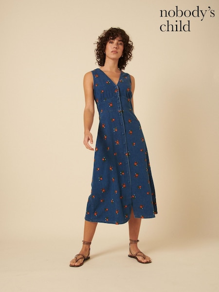 Nobodys Child White Denim Sandra Embroidered Midi Dress (F08642) | $146