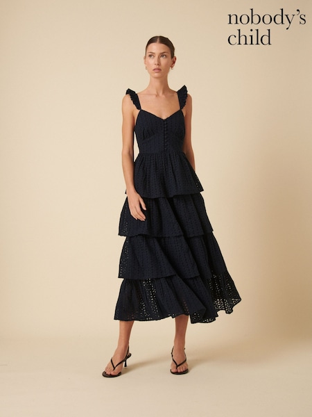 Nobodys Child Black Rhys Tiered Broderie Ruffle Midi Dress (F08646) | ₪754
