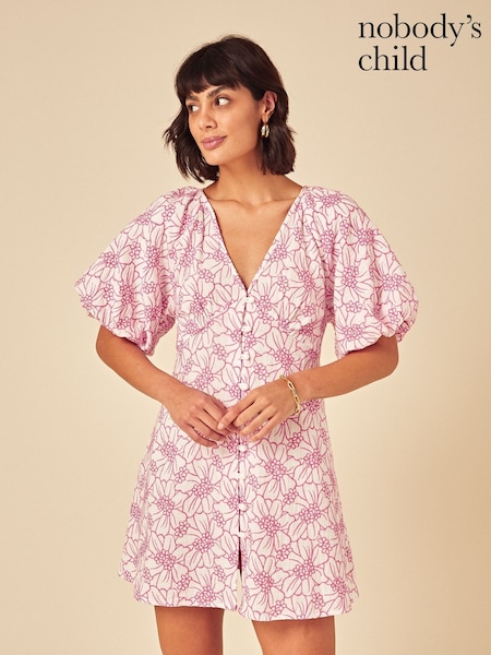 Nobodys Child Pink Floral Puff Sleeve Lennox Mini Dress (F08648) | ₪448