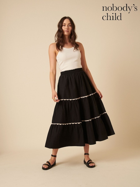 Nobodys Child Black opsie Embroidered Tiered Black Midi Skirt (F08649) | ₪397