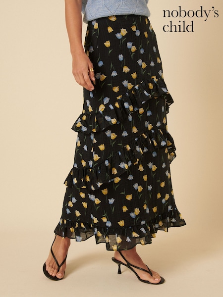 Nobodys Child Black Blanca Tiered Ruffle Floral Skirt (F08661) | ₪377