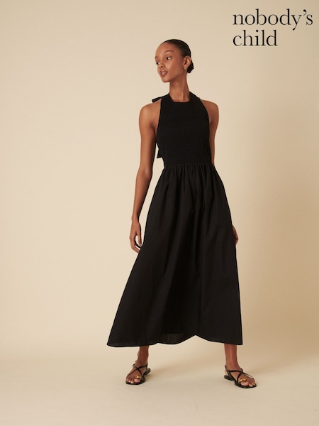 Nobodys Child Black Black Bow Halterneck Shirred Tizzy Midi Dress (F08668) | R$ 780
