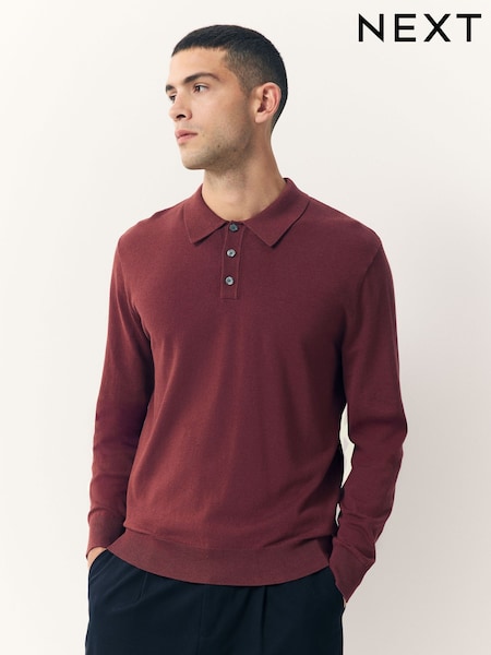 Red Regular Fit Cotton Rich Long Sleeve Knitted Polo Shirt (F08676) | 148 QAR