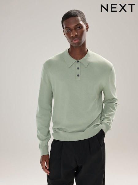 Sage Green Regular Fit Cotton Rich Long Sleeve Knitted Polo Shirt (F08685) | R$ 285