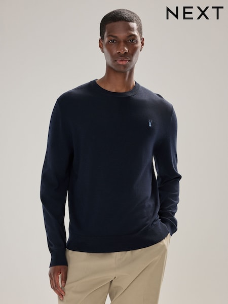 Navy Blue Stag Logo Regular Fit Cotton Rich Crew Neck Jumper (F08699) | €27