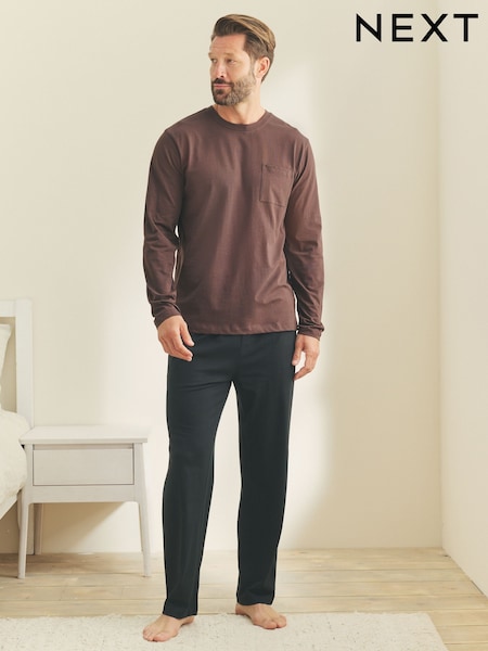 Chocolate Brown/Black Long Sleeve Jersey Cotton Pyjamas Set (F08764) | €35