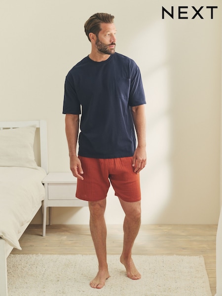 Rust Orange Short Sleeve T-Shirt With Cheesecloth Texture Shorts (F08770) | €32