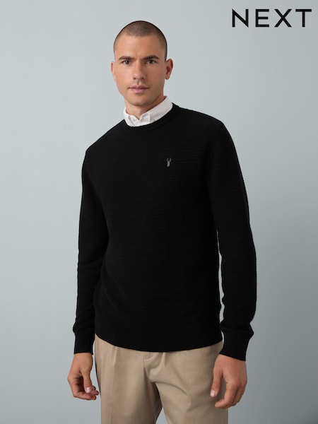 Black Crew Neck Regular Fit Textured Oxford Mock Shirt Jumper (F08826) | €45