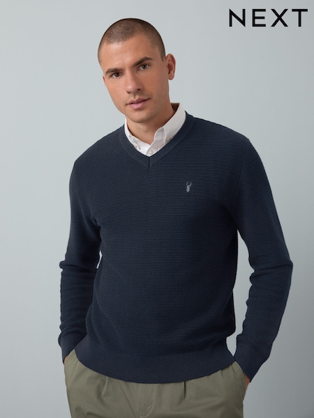 Navy Blue V-Neck Regular Fit Textured Oxford Mock Shirt Jumper (F08828) | €45