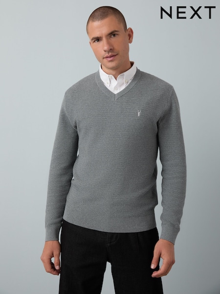 Grey V-Neck Regular Fit Textured Oxford Mock Shirt Jumper (F08836) | €56