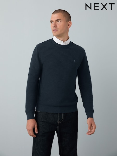 Navy Blue Crew Neck Regular Fit Textured Oxford Mock Shirt Jumper (F08840) | €50