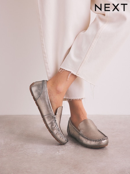 Silver Forever Comfort® Leather Round Toe Slim Driver Loafers (F09121) | €56
