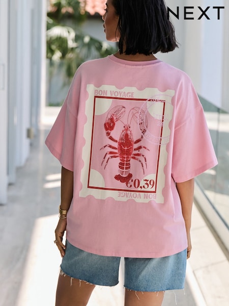 White/Pink Graphic Print Beach T-Shirt (F09135) | €36