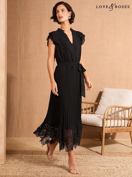 Negru - Love & Roses Lace Detail Pleated V-Neck Belted Midi Dress (F09151) | 559 LEI