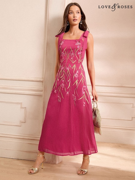 Love & Roses Pink Floral Print Embroidered Tie Shoulder Midaxi Dress (F09155) | €113