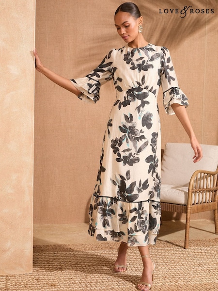 Love & Roses Ivory Floral Print Crew Neck Flute Sleeve Midi Dress (F09159) | €109