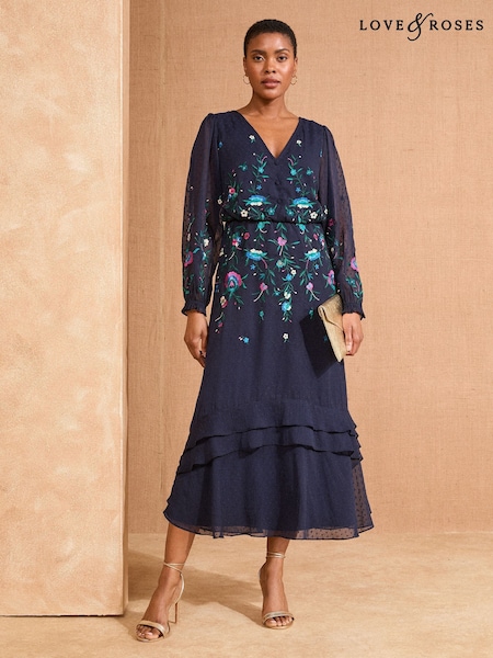 Love & Roses Navy Floral Print Embroidered Dobby Long Sleeve Midi Dress (F09160) | €127