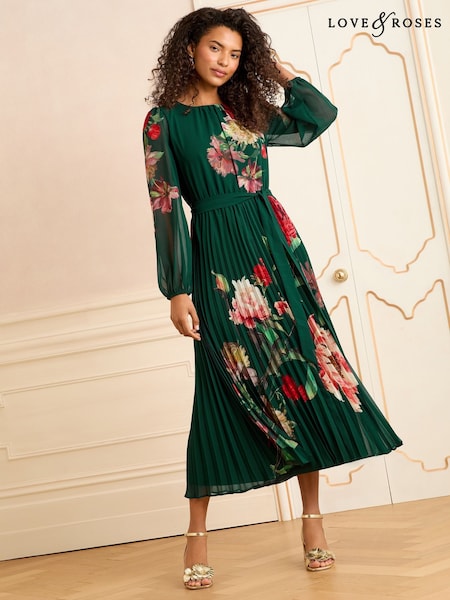 Love & Roses Green Floral Print Printed Crew Neck Pleated Long Sleeve Midi Dress (F09165) | € 93