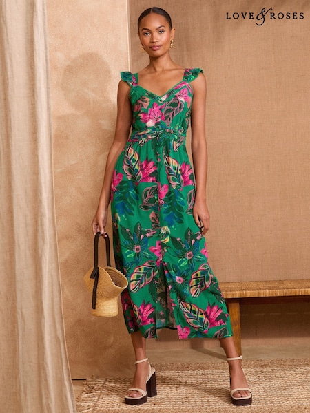 Love & Roses Green Palm Petite Printed Midi Sundress (F09166) | €69