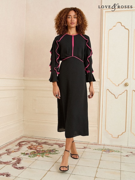 Love & Roses Ruffle Contrast Trim Midi Dress (F09182) | R$ 650