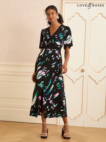 Negru cu model abstract - Love & Roses Jersey V-Neck Kimono Sleeve Midi Dress (F09183) | 387 LEI