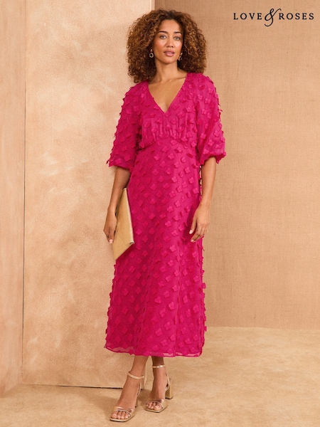 Love & Roses 3D Floral V-Neck Puff Sleeve Midi Dress (F09189) | 514 LEI