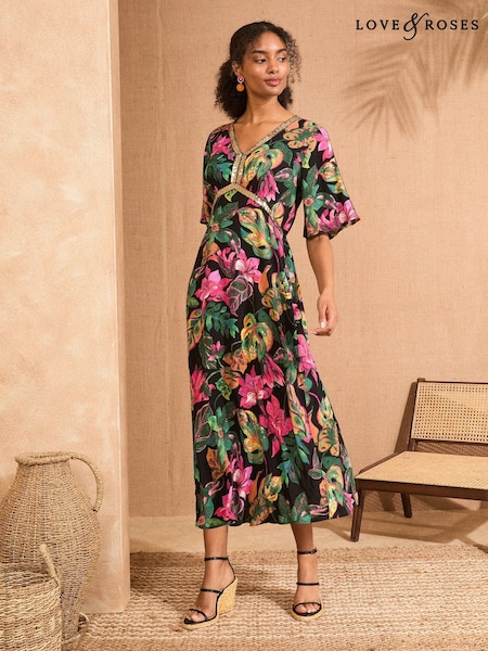 Tropical negru - Love & Roses Paiete Angel Sleeve Midi Rochie (F09190) | 484 LEI