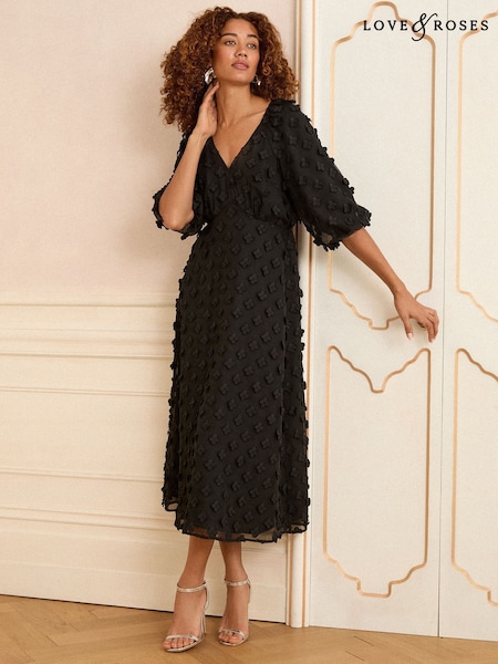 Love & Roses Black Petite 3D Floral V-Neck Puff Sleeve Midi Dress (F09195) | €87