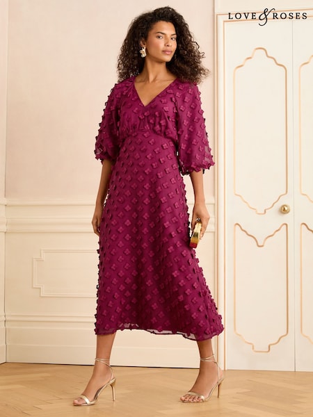 Burgunderrot - Love & Roses – Midikleid mit V-Ausschnitt, Puffärmeln und 3D-Blumendesign (F09196) | 106 €
