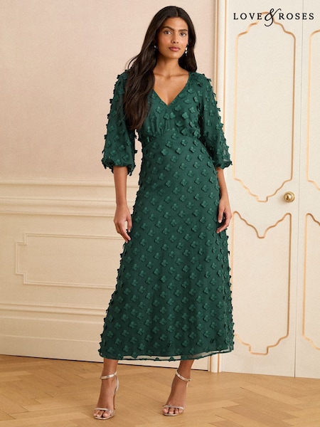 Verde - Rochie midi cu mânecă bufantă și decolteu în V Love & Roses 3D Floral (F09199) | 514 LEI