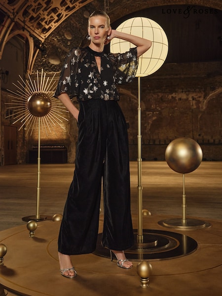 Love & Roses Black Cosmic Metallic Velvet Wide Leg Jumpsuit (F09208) | €99