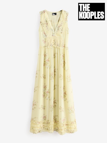 The Kooples Yellow V-Neck Sheered Waist Floral Midi Dress (F09366) | €479