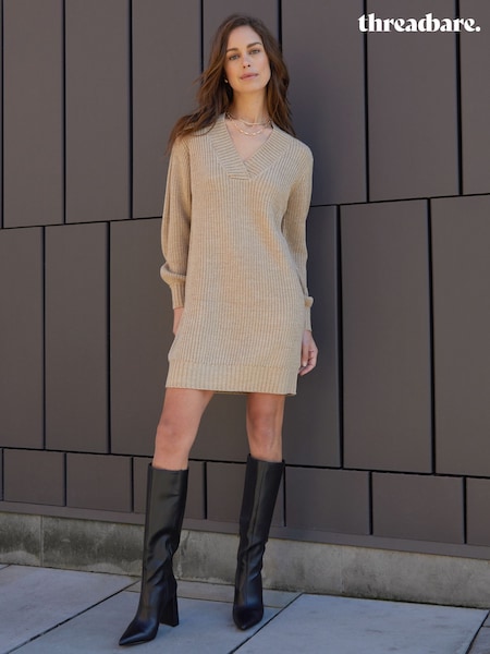 Natural - Threadbare V-Neck Knitted Jumper Dress (F09417) | R$ 395