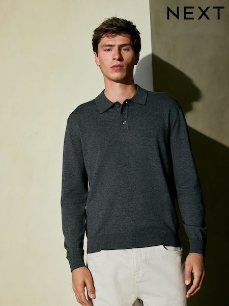 Charcoal Grey Regular Fit Cotton Rich Long Sleeve Knitted Polo Shirt (F09484) | 148 QAR