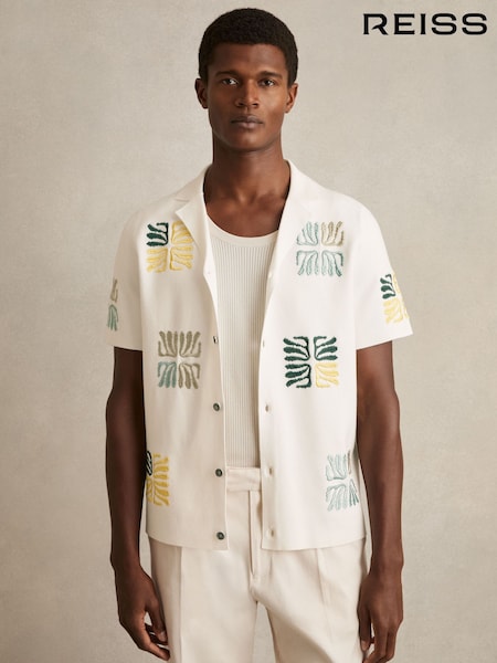 Reiss Optic White Pablo Reef-Embroidery Cuban-Collar Shirt (F09535) | €203