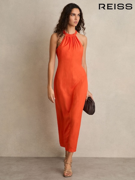 Reiss Erika Whipstitch Halterneck Midi Dress (F09536) | €312
