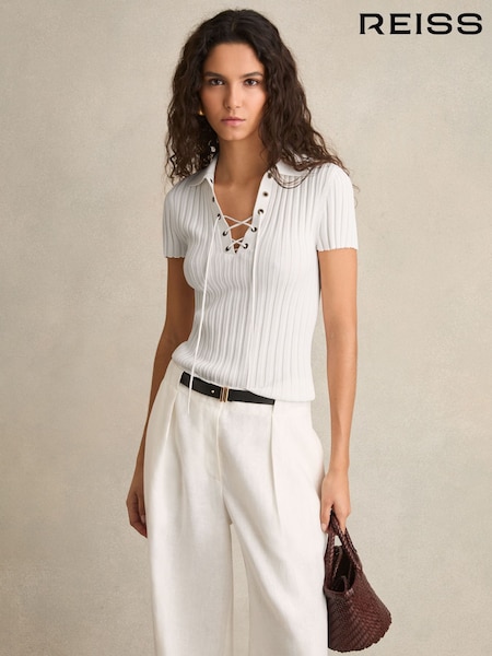 Reiss Ivory Poppy Lace Up Rib Knit Top (F09539) | €145