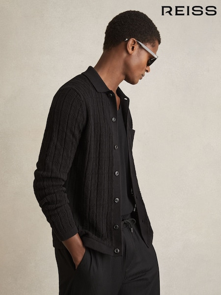 Reiss Black Parson Cotton-Blend Textured Knit Shirt (F09540) | €185
