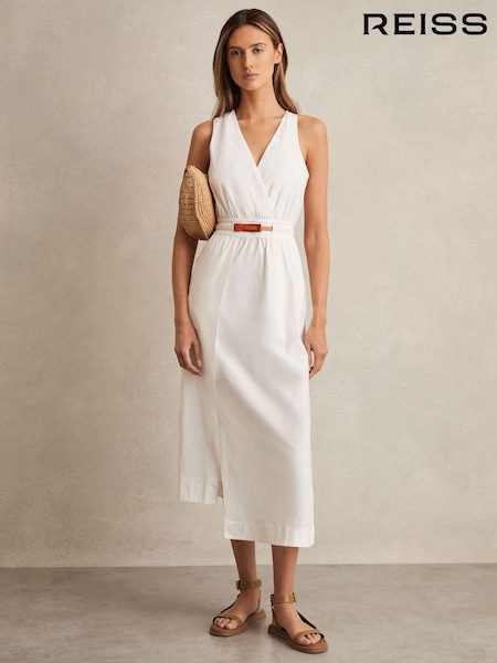 Reiss Ivory Brianne Petite Poplin Belted Split Midi Dress (F09541) | €260