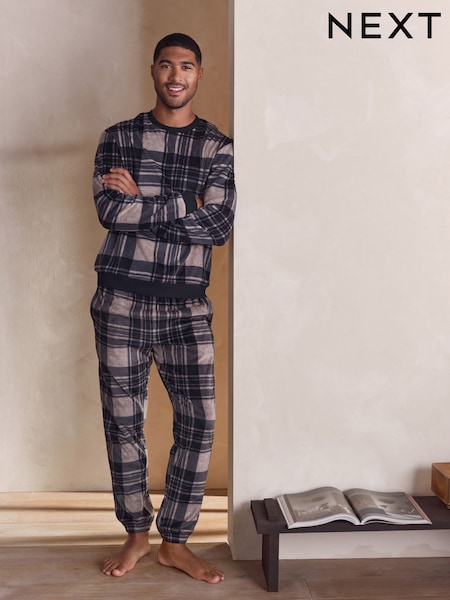 Neutral/ Black Thermal Fleece Check Long Sleeve Cuffed Pjyamas Set (F09689) | €42