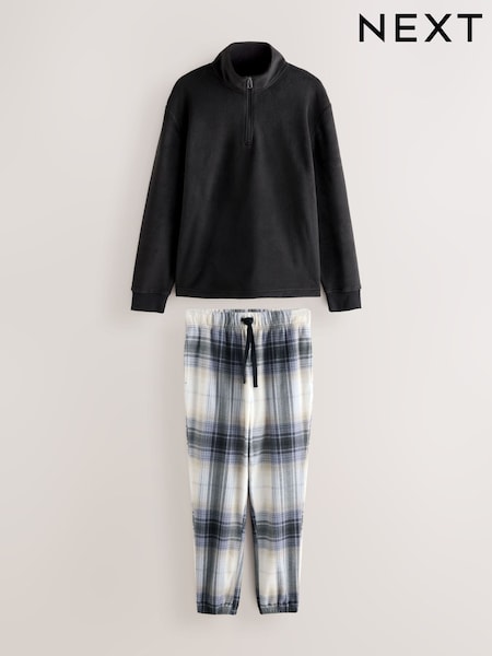 Neutral/Blue Thermal Fleece Zip Through Check Long Sleeve Pyjamas Set (F09705) | €41