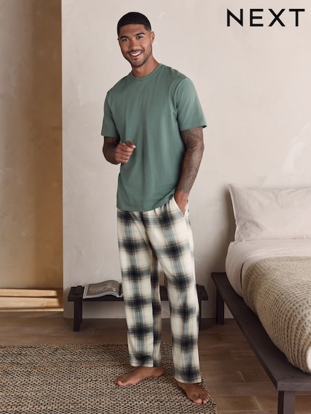 Sage Green / Neutral Stone Check Motionflex Cosy Short Sleeve Pyjamas Set (F09706) | €36